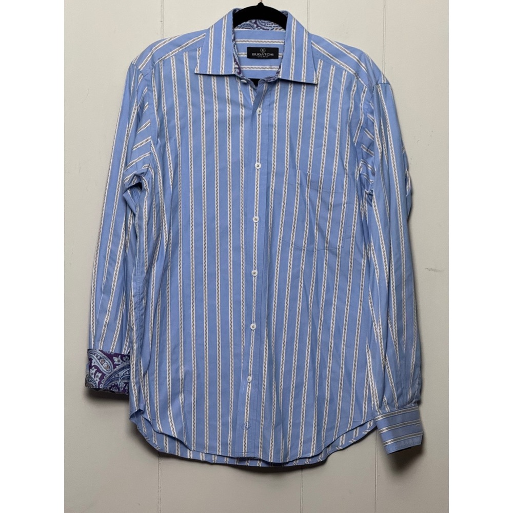 Bugatchi Uomo Mens Blue White Striped Paisley Contrast Button Down Shirt M